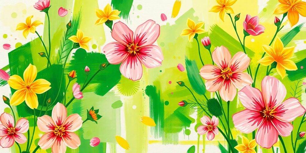 Colorful spring painting with flowers and bright landscapes.