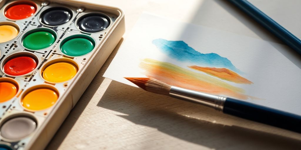 Still life of watercolor painting tools.