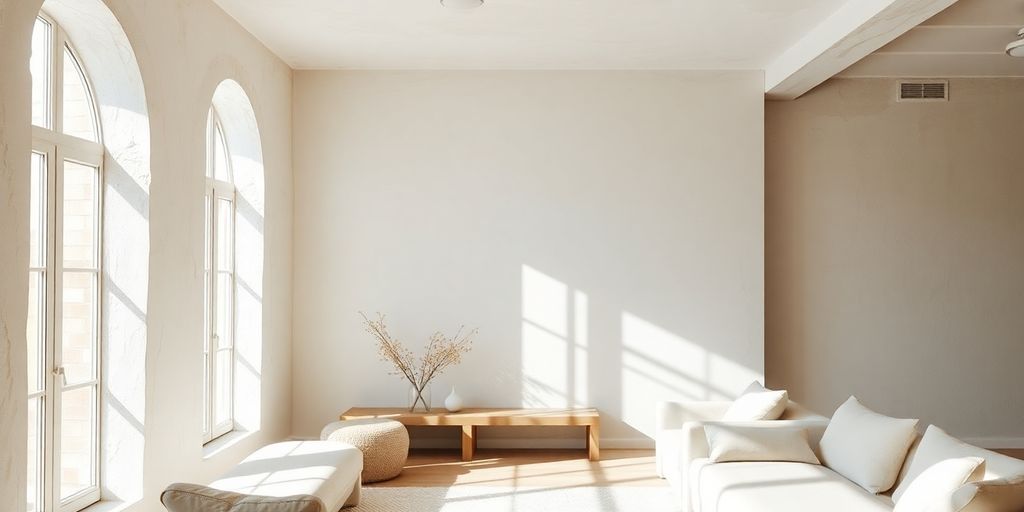 Interior room with subtly textured, matte, limewashed walls.