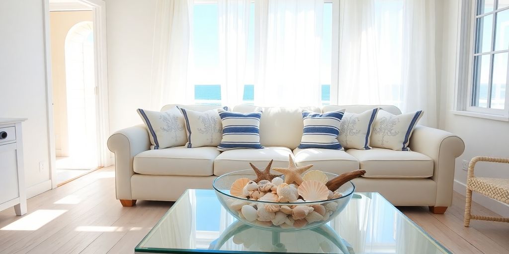 Coastal living room with natural light and seashells