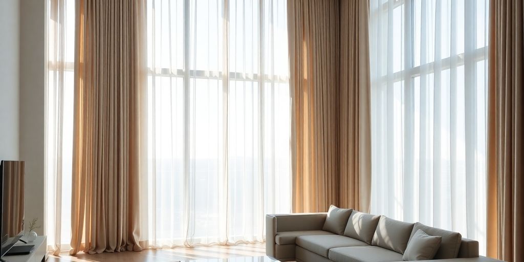Modern living room, natural light, stylish curtains.