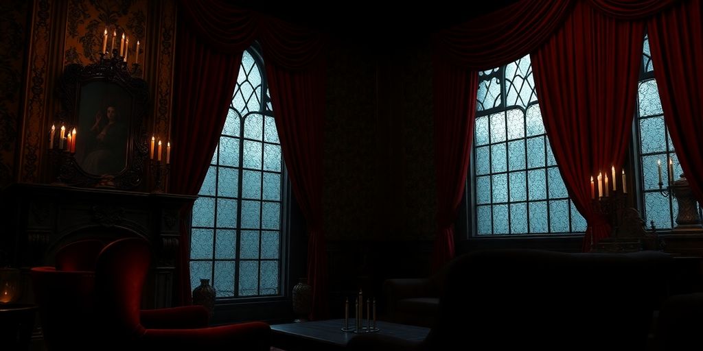 Gothic living room, dark, ornate, crimson, velvet, candelabras