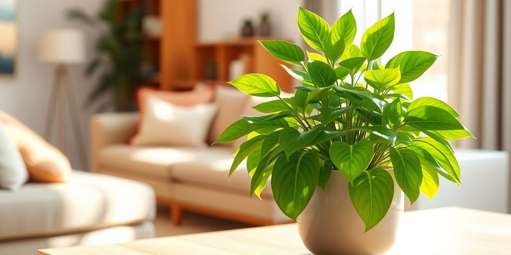 Lush green plant in modern pot, bright room setting.