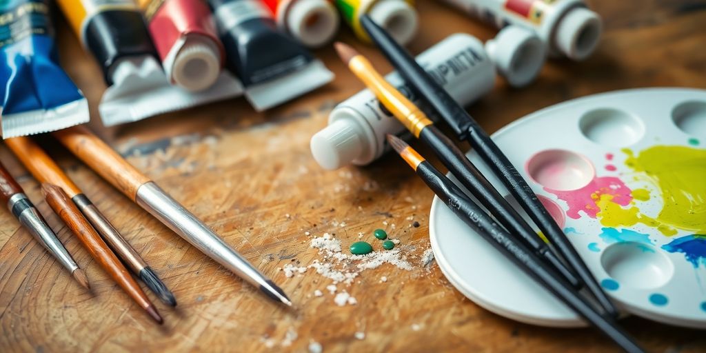 Tubes of oil paints, brushes, and palette on a wooden surface.
