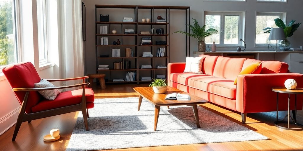 Modern living room with sofa, armchair, coffee table, and bookshelf