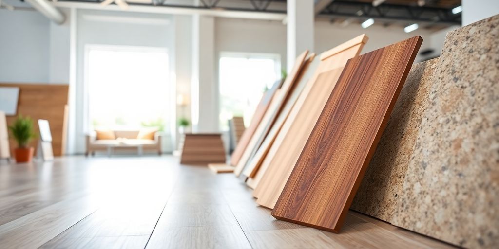 Tile, wood, and stone flooring samples arranged attractively.