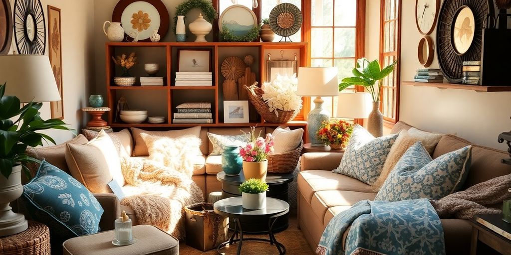 Cozy living room vignette with discounted home decor.