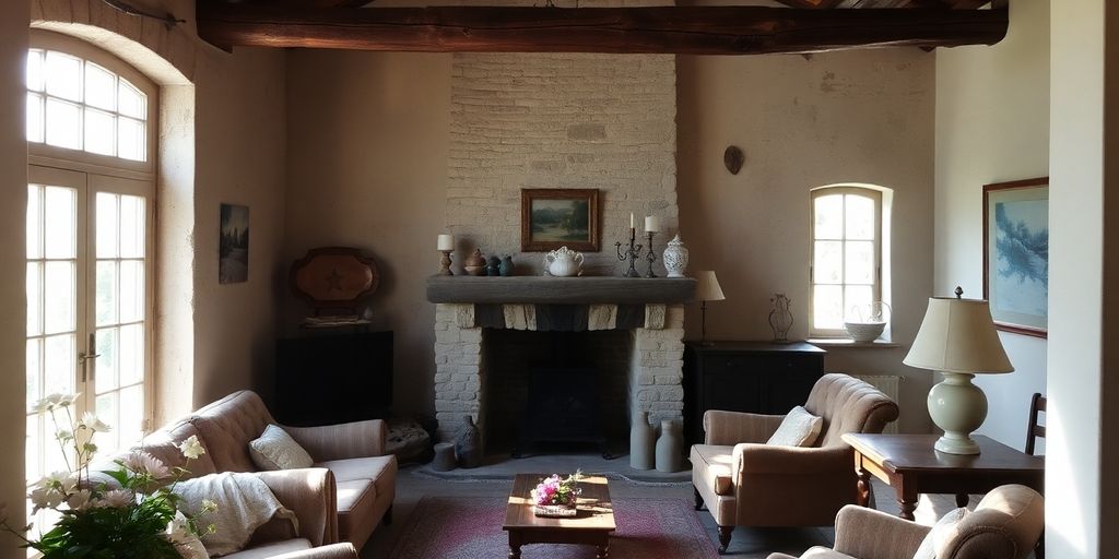Cozy antique farmhouse living room interior.