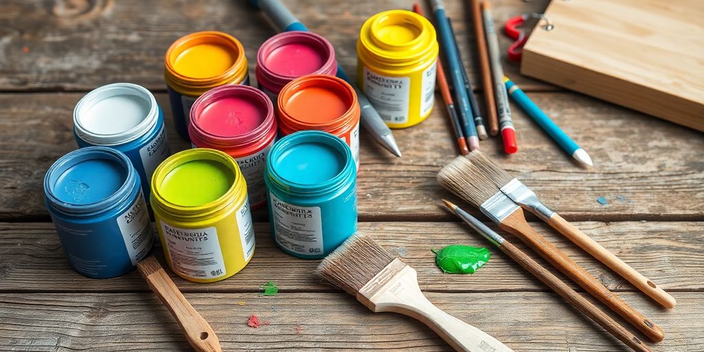 Paint cans and brushes on a wooden surface.
