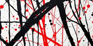 Pollock's drip painting with vibrant paint splatters.