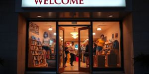 A bright storefront with open doors and welcoming lights.