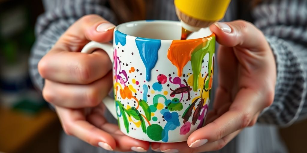 Hands painting a colorful ceramic mug with brushes.