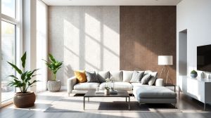 Modern living room with a textured accent wall and natural light.
