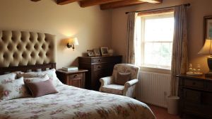 Cozy country bedroom with floral bedding and rustic furniture.