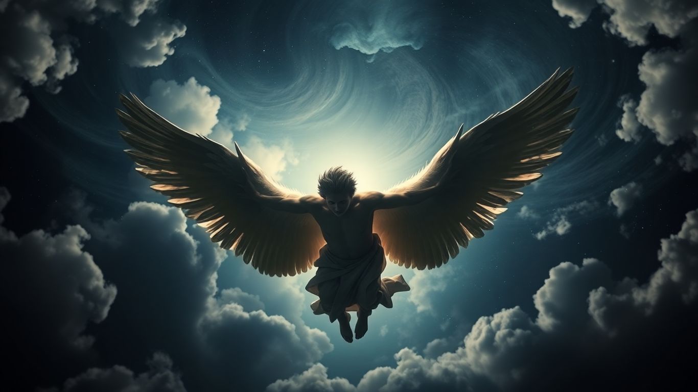Fallen angel descending through celestial clouds