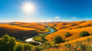 Vibrant landscape painting of sunlit hills and river.