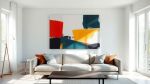 Modern living room with abstract art and minimalist furniture.