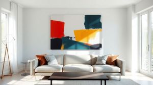 Modern living room with abstract art and minimalist furniture.