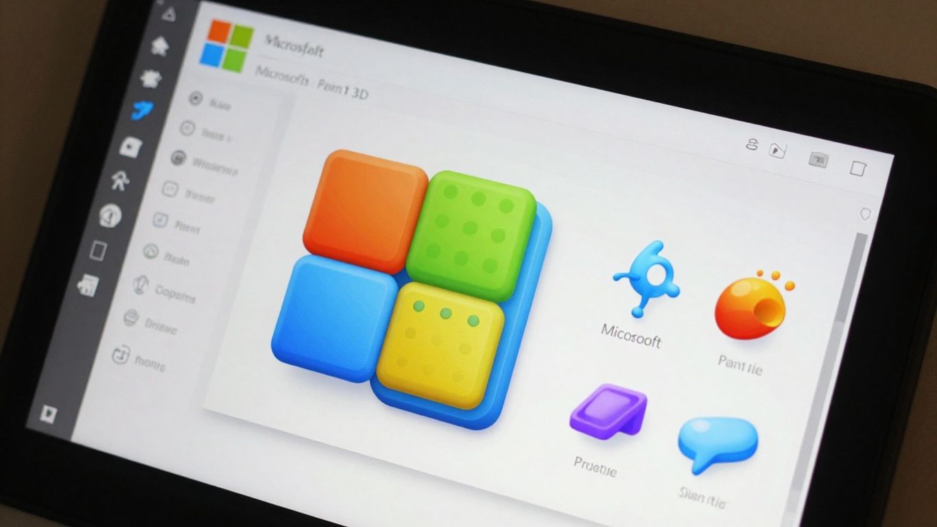 Microsoft Paint 3D interface with colorful 3D objects.