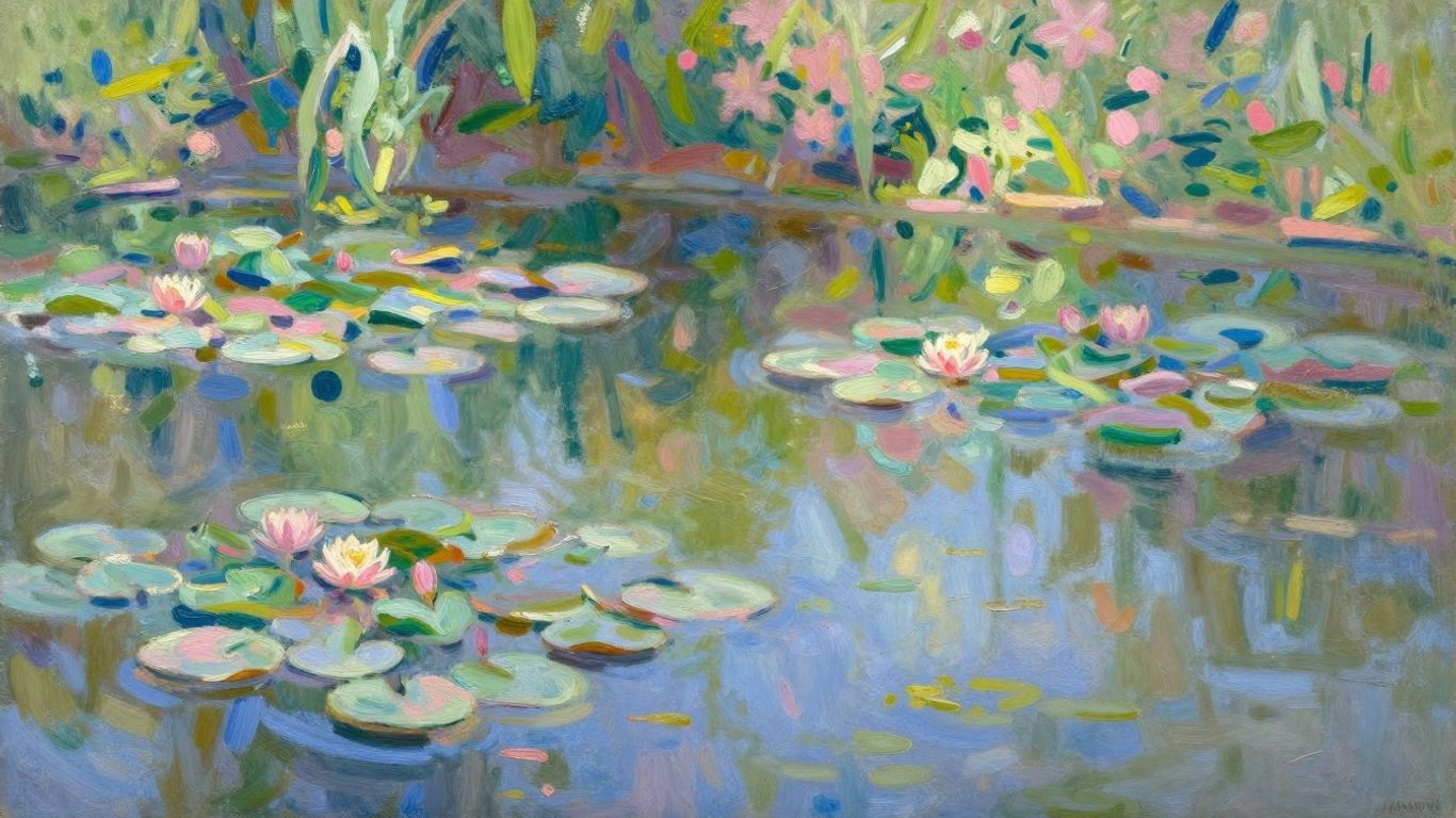 Monet's water lilies painting in a garden.