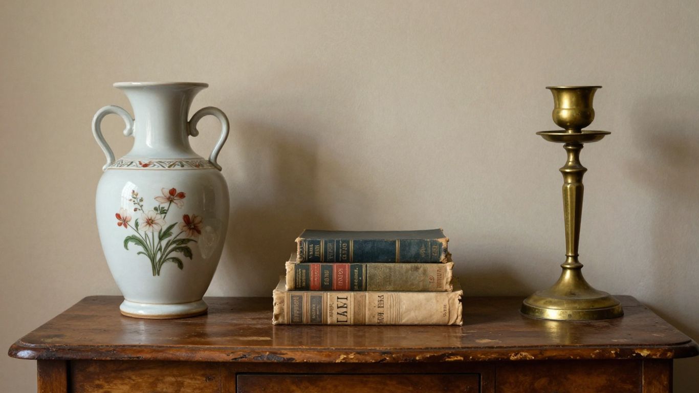 Vintage home decor items on a wooden table.