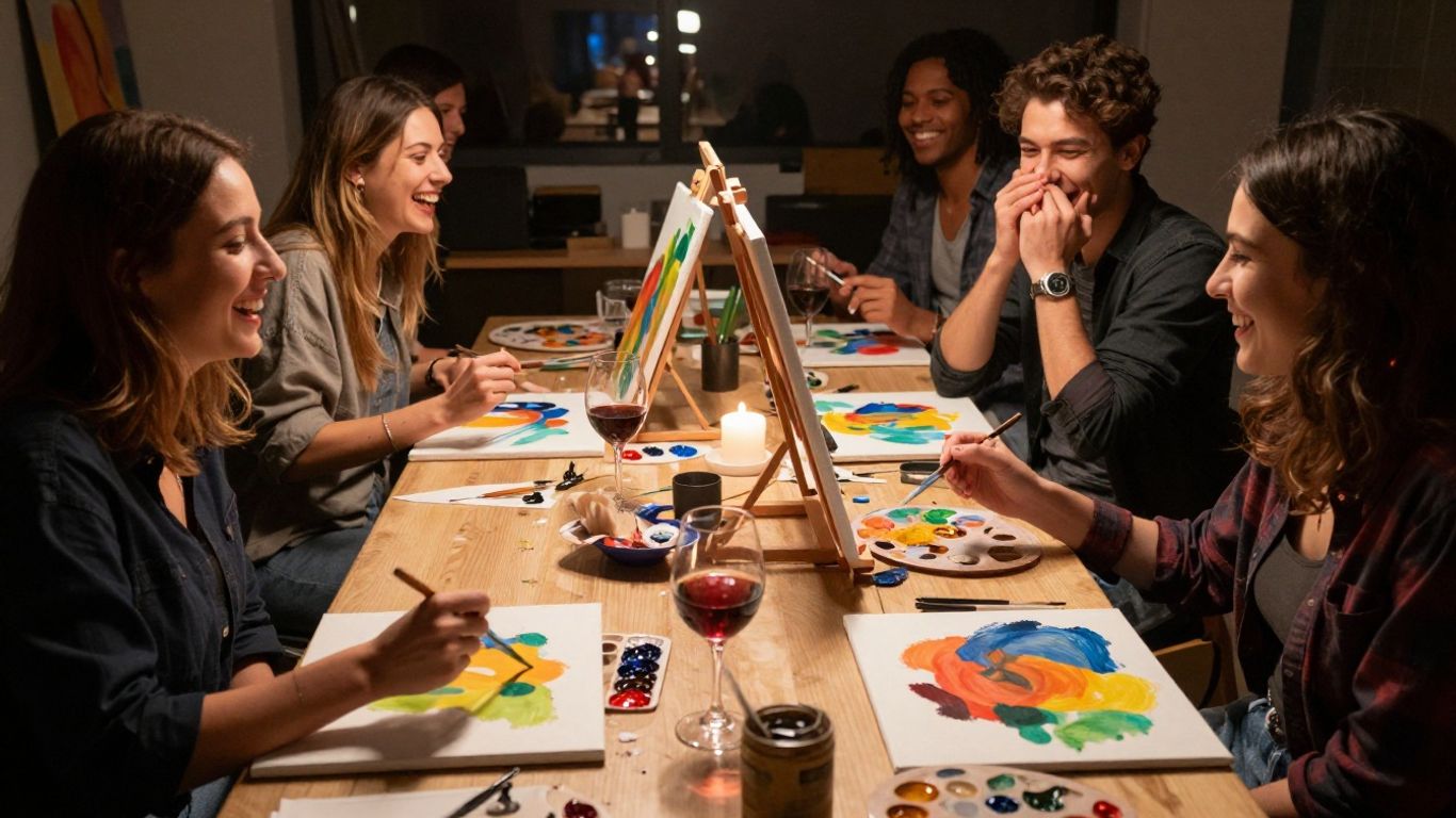 Friends painting and sipping wine at a creative night out.