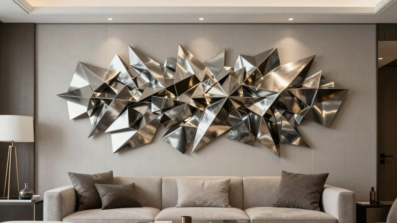 Modern living room with metal wall art above sofa.