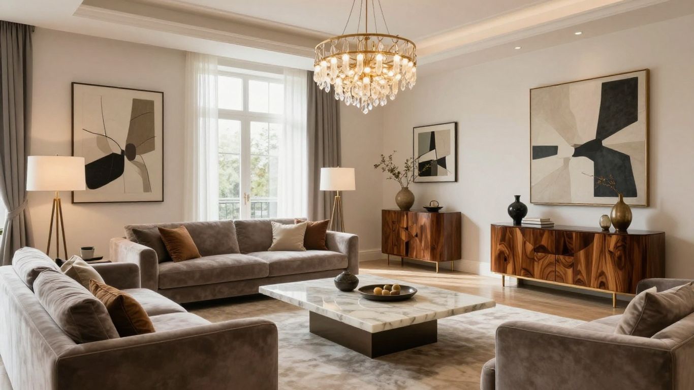 Luxurious living room with elegant furniture and decor.